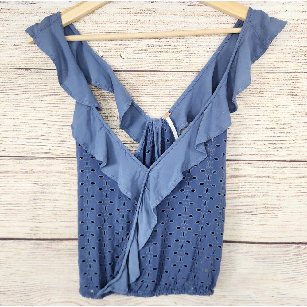 Free People Sleeveless Cami Blue Eyelet XS Flutter Strap Festival Boho
